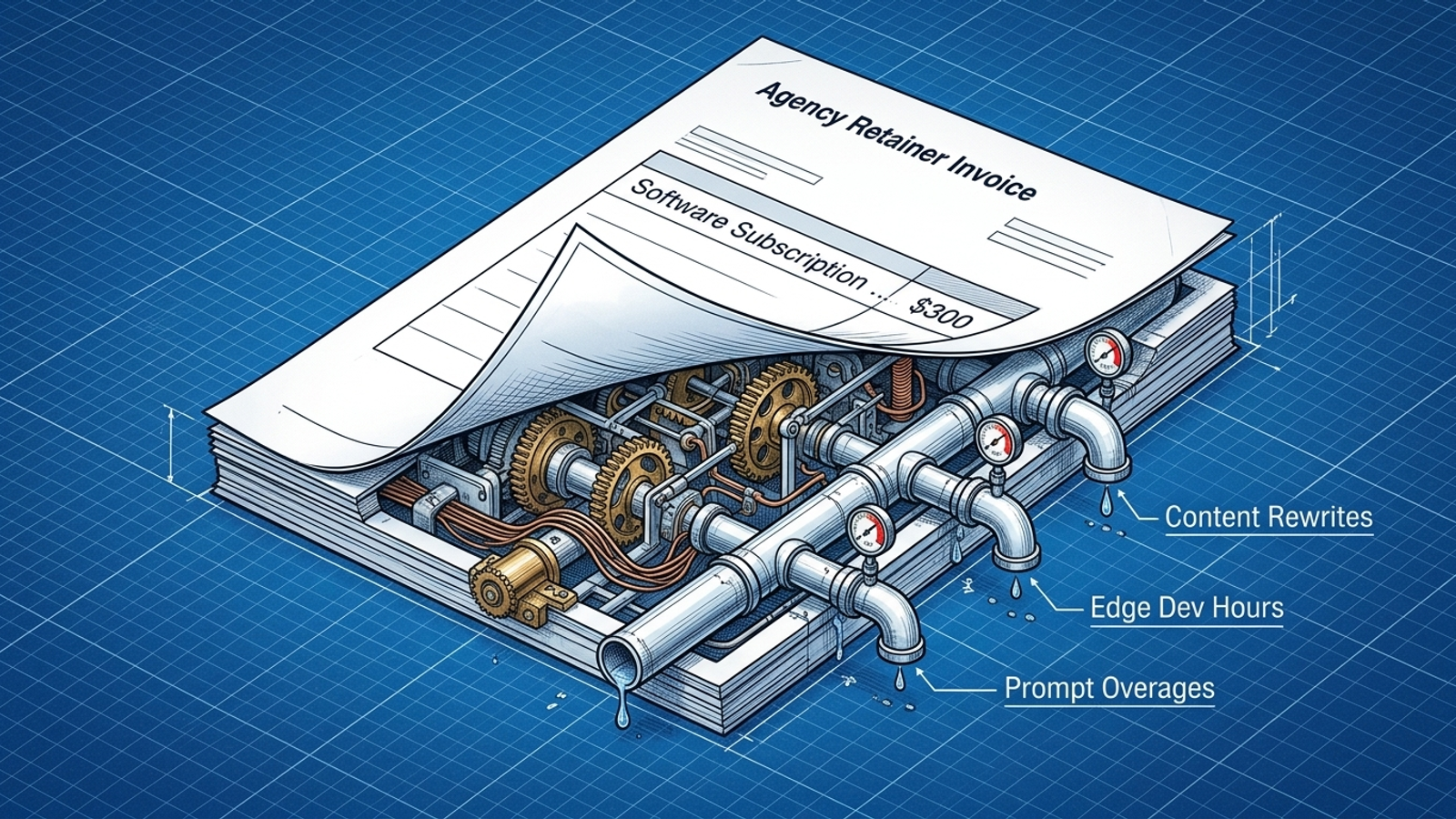 A cutaway of an agency invoice, revealing gears and leaking pipes labeled with labor and tooling costs.