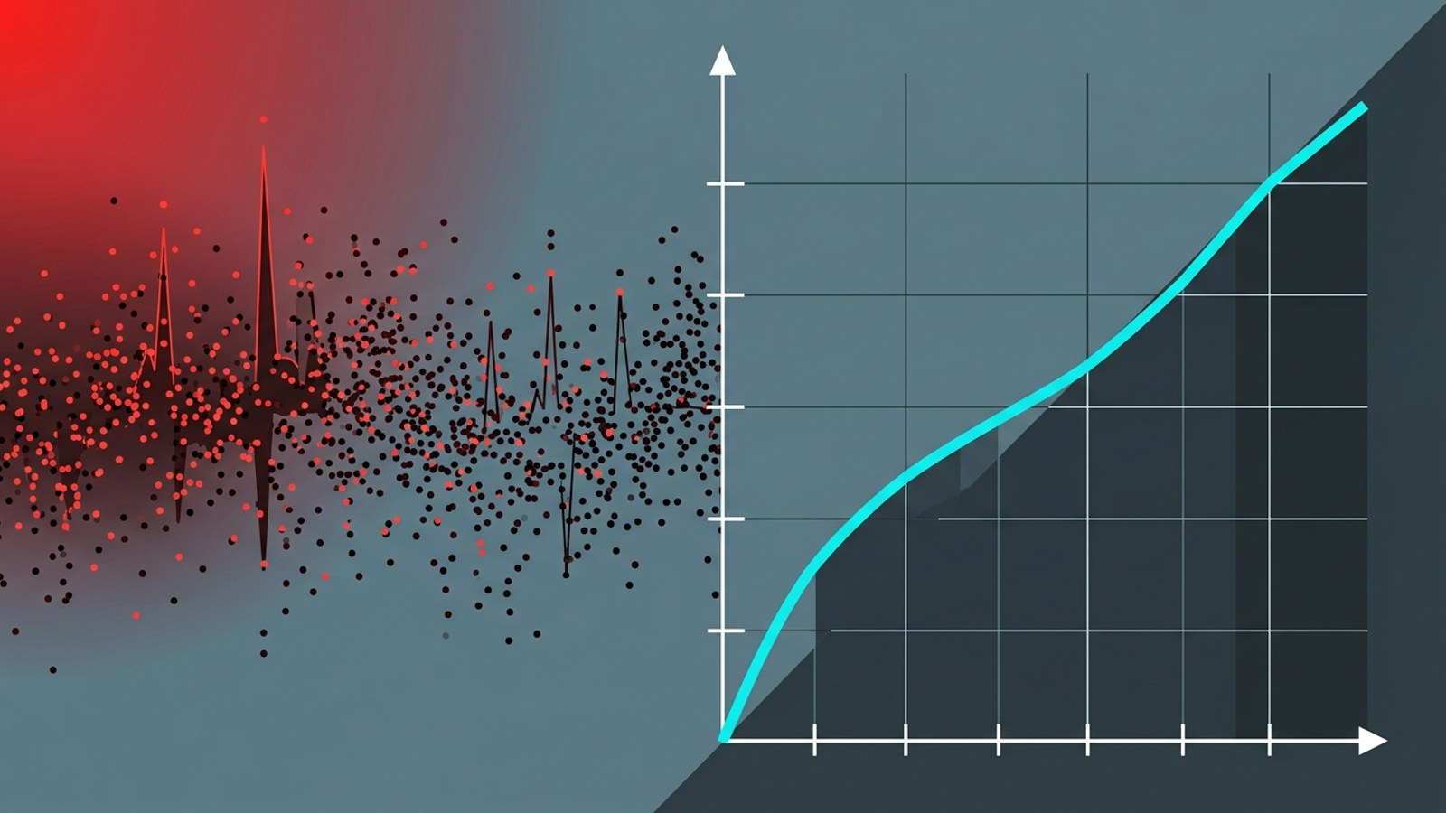 Magnifying glass separating scattered data points from a clearer trend
