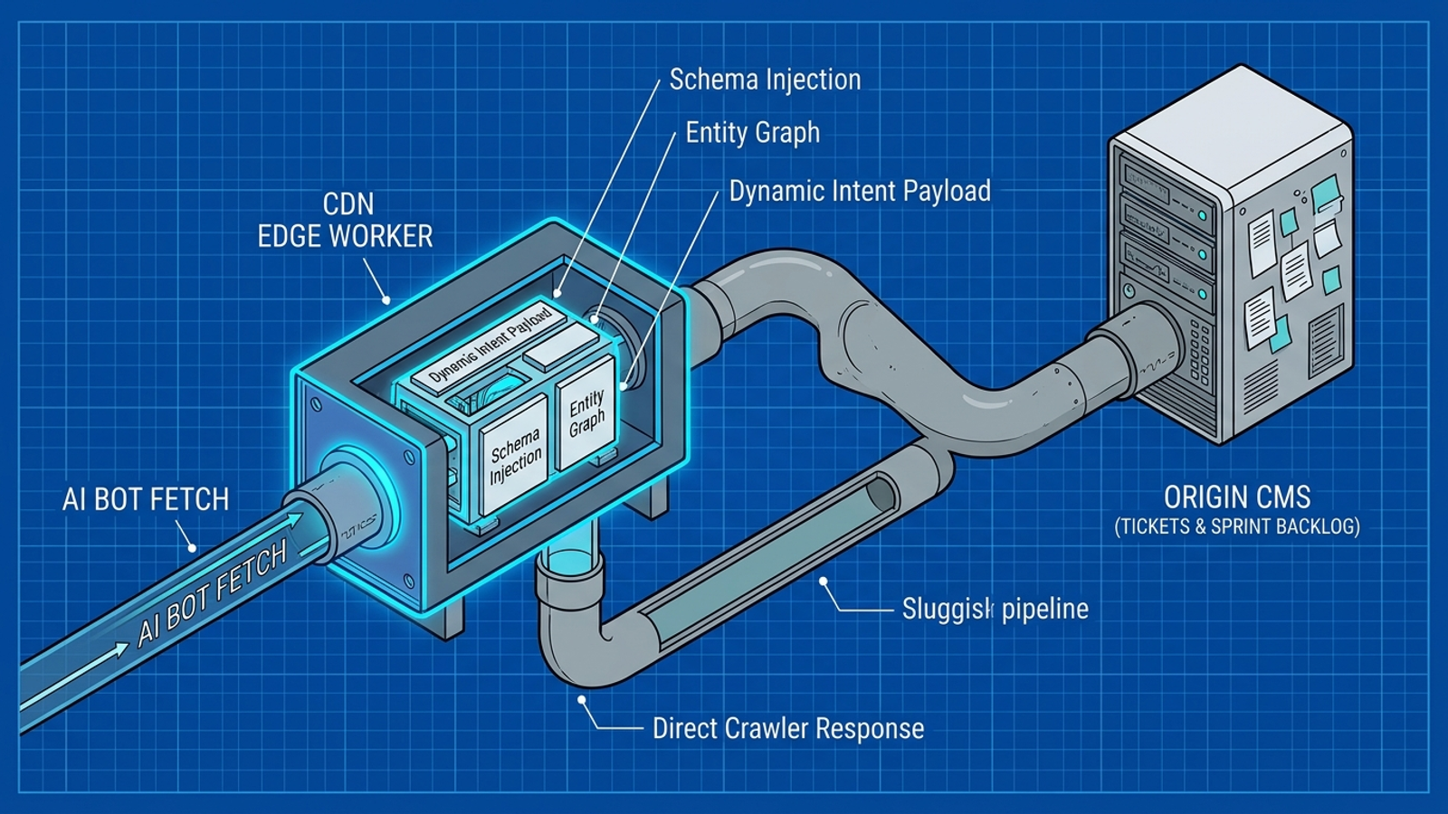 Diagram of edge middleware handling a crawler request before it reaches the origin CMS.